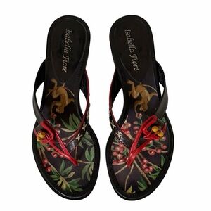 Isabella Fiore Black and Red Tropical Leather Laura Slide Sandals Size 7